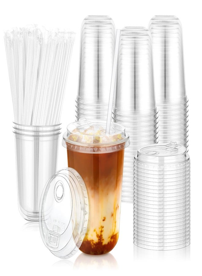 KesaPlan 50 Pack 16oz Clear Plastic Cups with Sip Lids & Straws，Disposable Elevated Dual-hole Lid Round Bottom To Go Cup for Iced Coffee Cold Beverage Juice Smoothie Lemonade Party Catering Supplies - Image 1